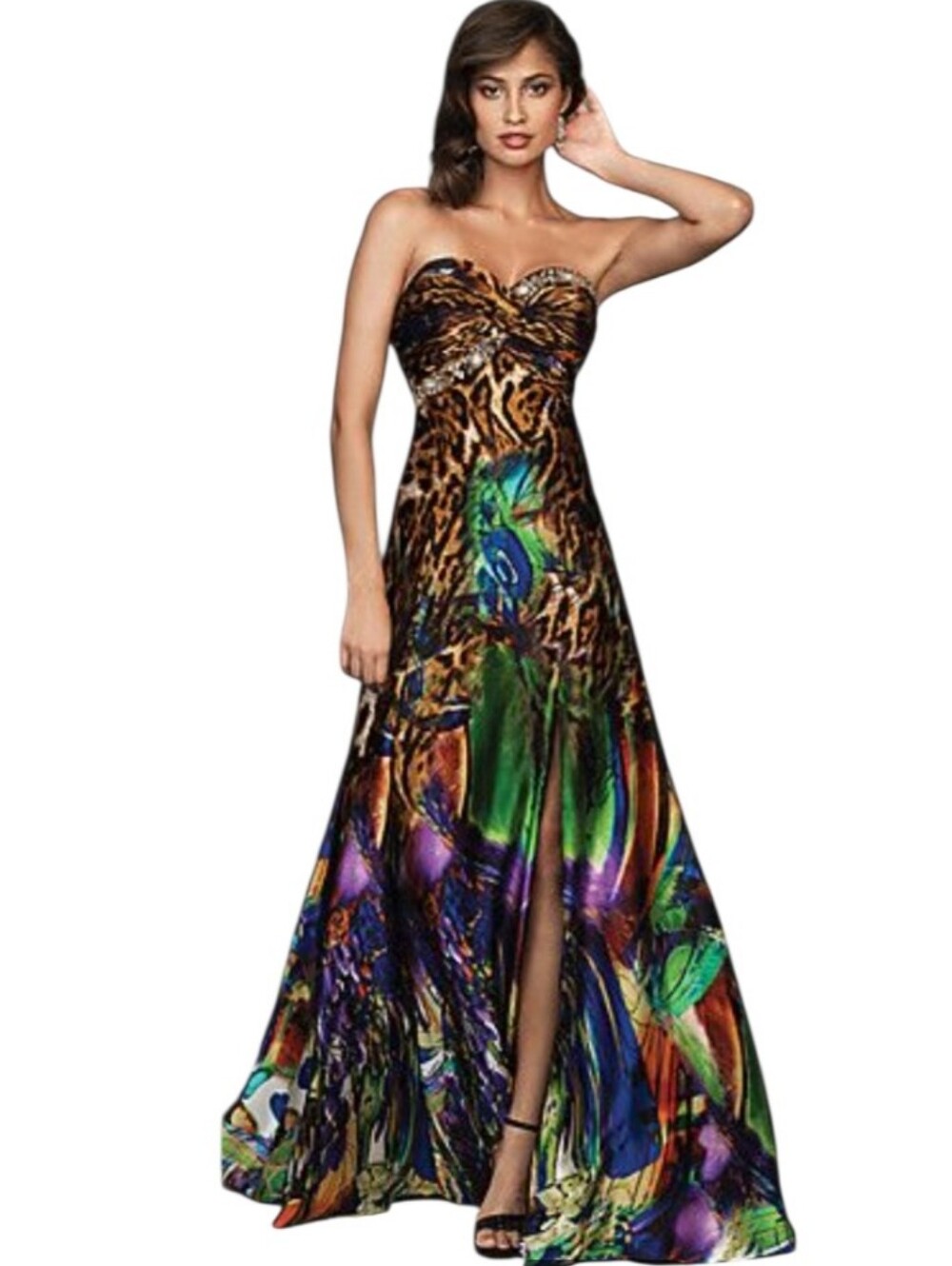 Evenings By Allure Strapless Sweetheart Peacock Animal Prnt Abstract Floral Gown